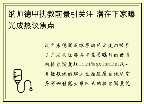纳帅德甲执教前景引关注 潜在下家曝光成热议焦点