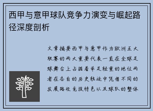 西甲与意甲球队竞争力演变与崛起路径深度剖析